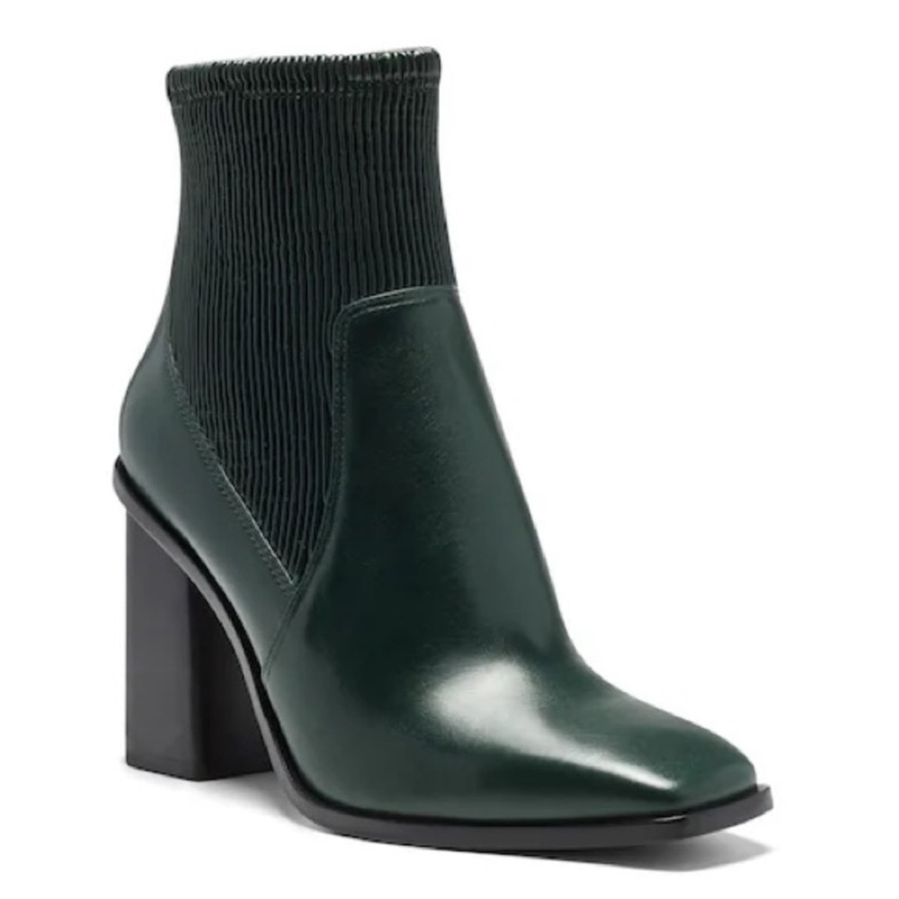 Vince Camuto stylish and versatile green teal Sasha booties with block heel.